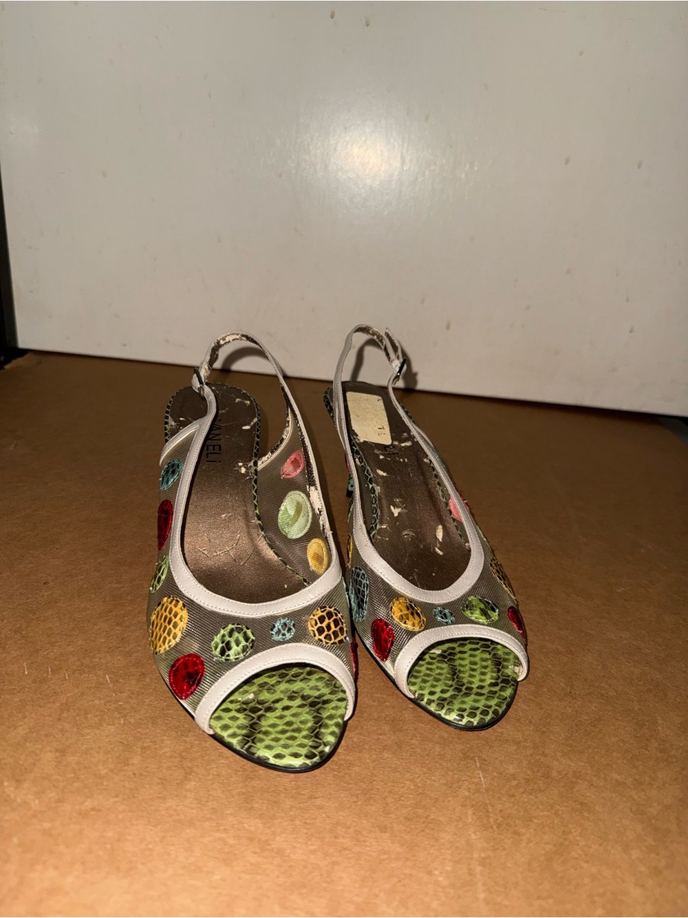 Vaneli Multicolor Peep-Toe Slingback Heels with Green Snakeskin Toe